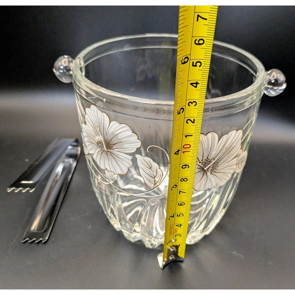 Vintage Mid Century Floral Etched Ice Bucket with Tongs
